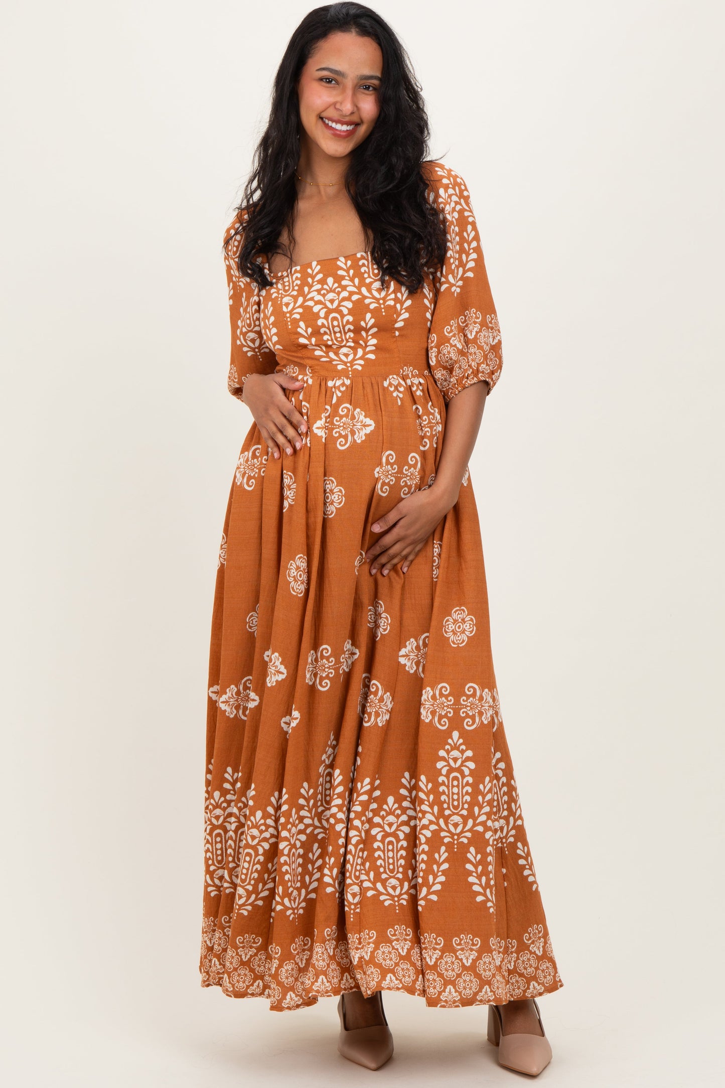 Amber Damask Print Short Sleeve Maternity Maxi Dress