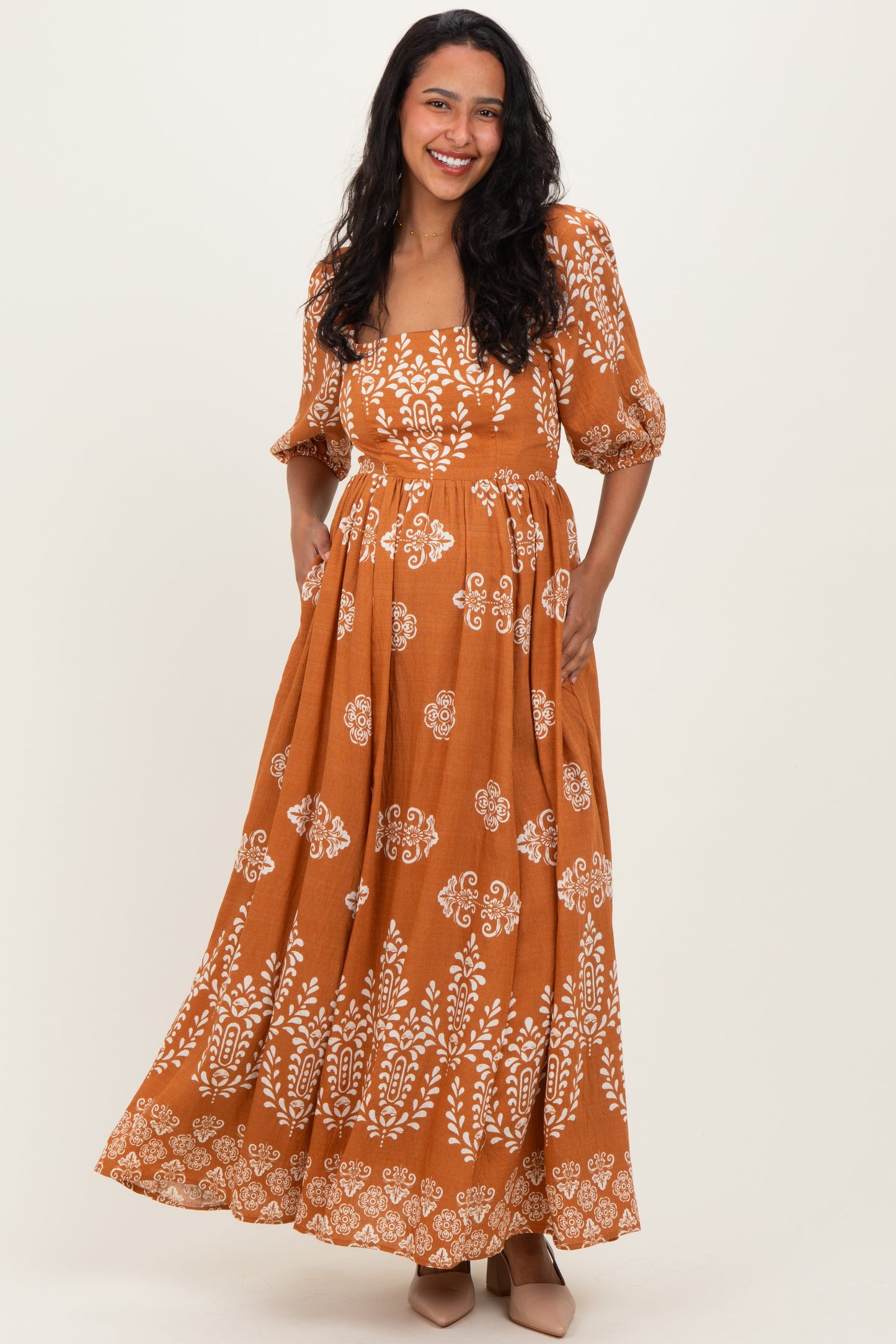 Amber Damask Print Short Sleeve Maternity Maxi Dress