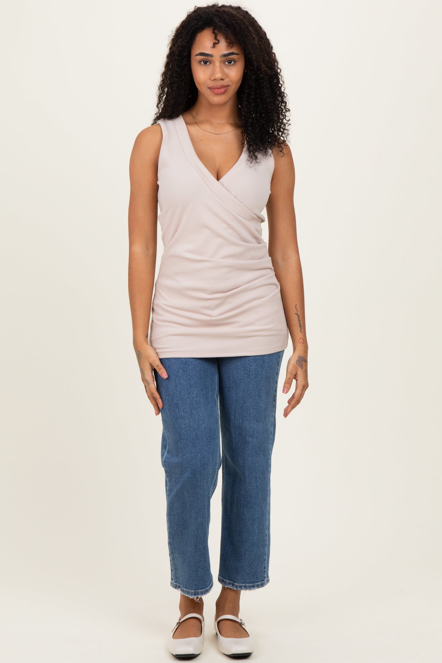 Beige Crossover Ruched Nursing Tank