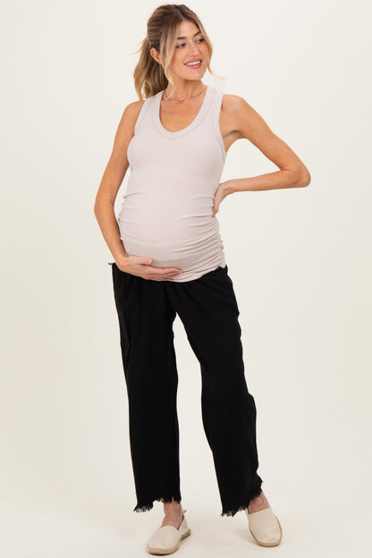 Beige Ribbed Sleeveless Ruched Maternity Tank Top