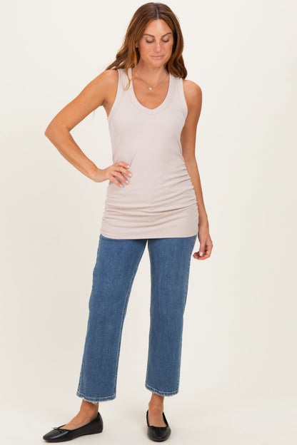 Beige Ribbed Sleeveless Ruched Tank Top