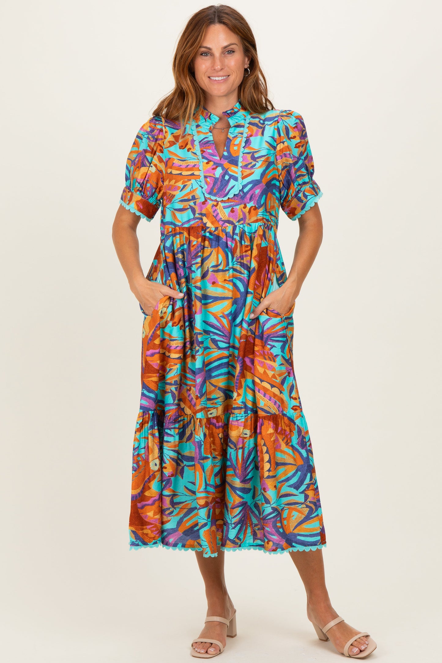 Aqua Mix Leaf Print Pocketed Midi Dress