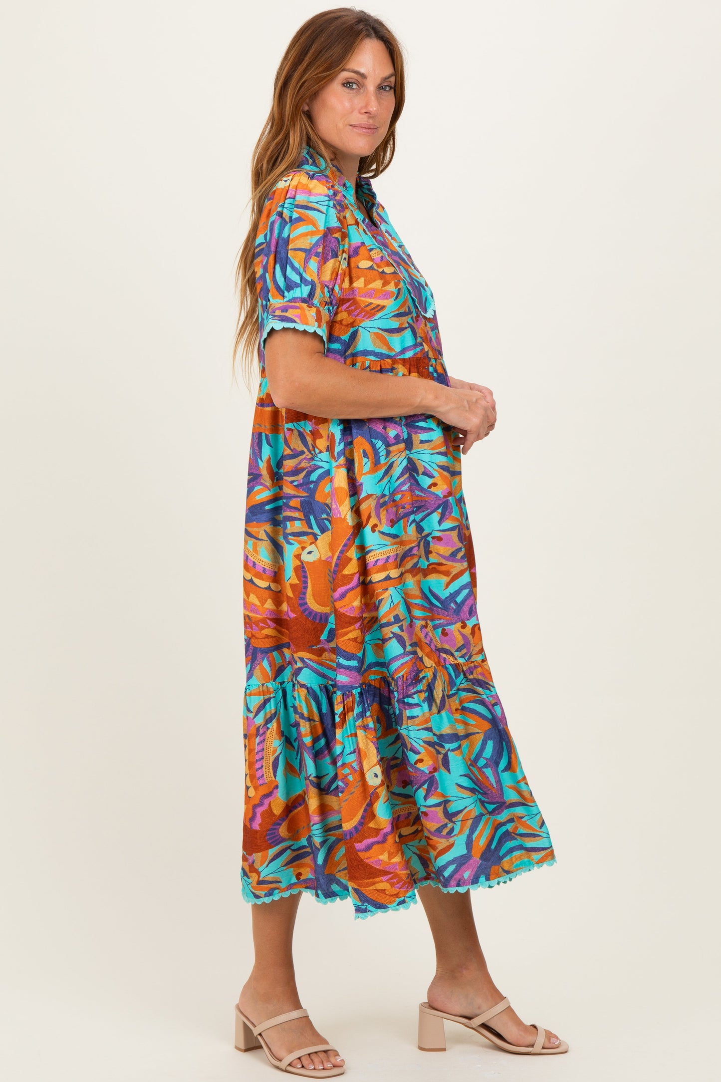 Aqua Mix Leaf Print Pocketed Midi Dress