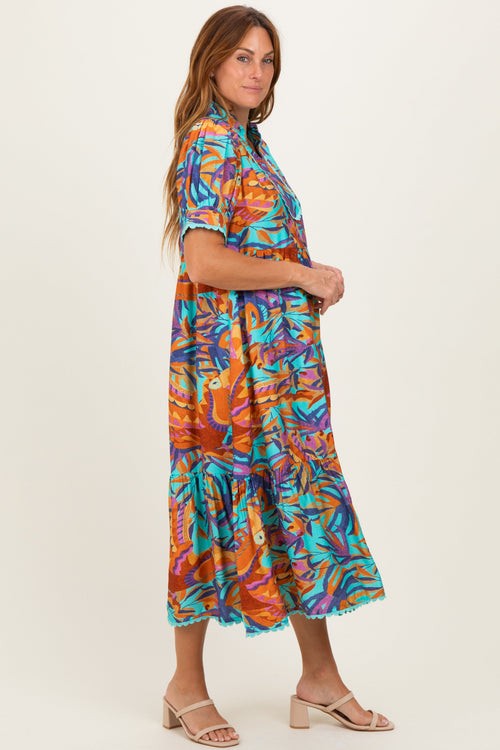 Aqua Mix Leaf Print Pocketed Midi Dress