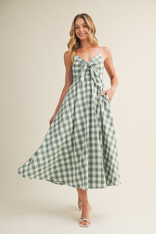 Basil Gingham Tie Front Racerback Midi Dress
