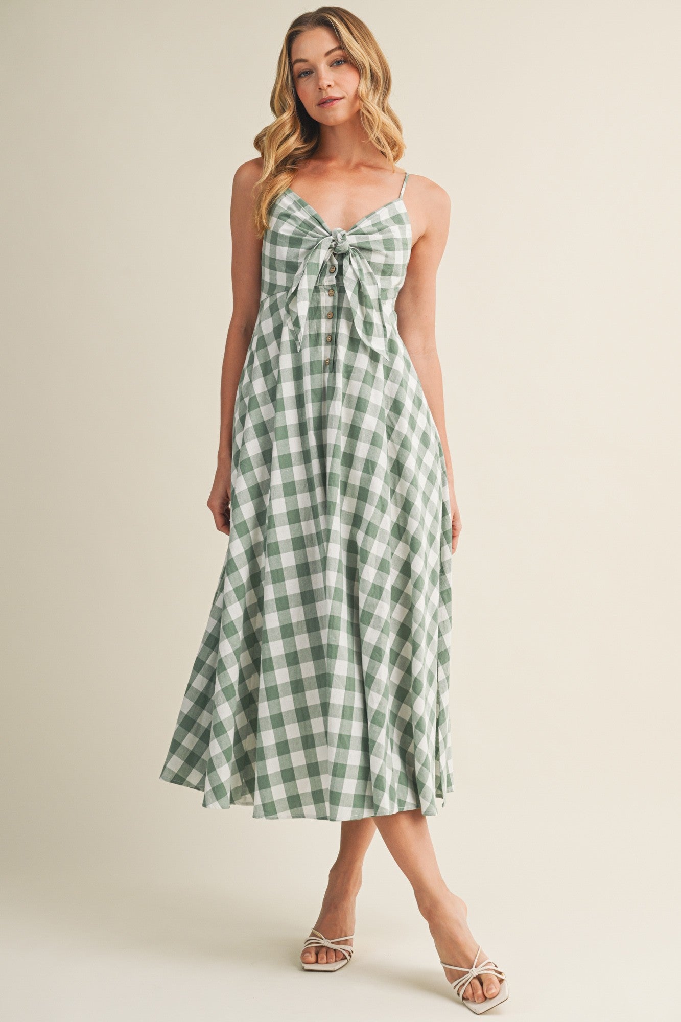 Basil Gingham Tie Front Racerback Midi Dress