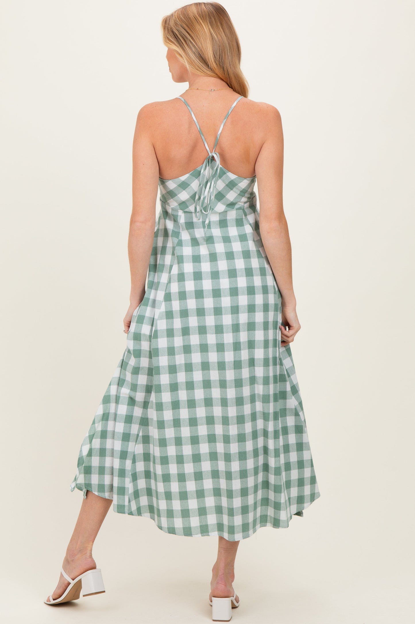 Basil Gingham Tie Front Racerback Maternity Midi Dress