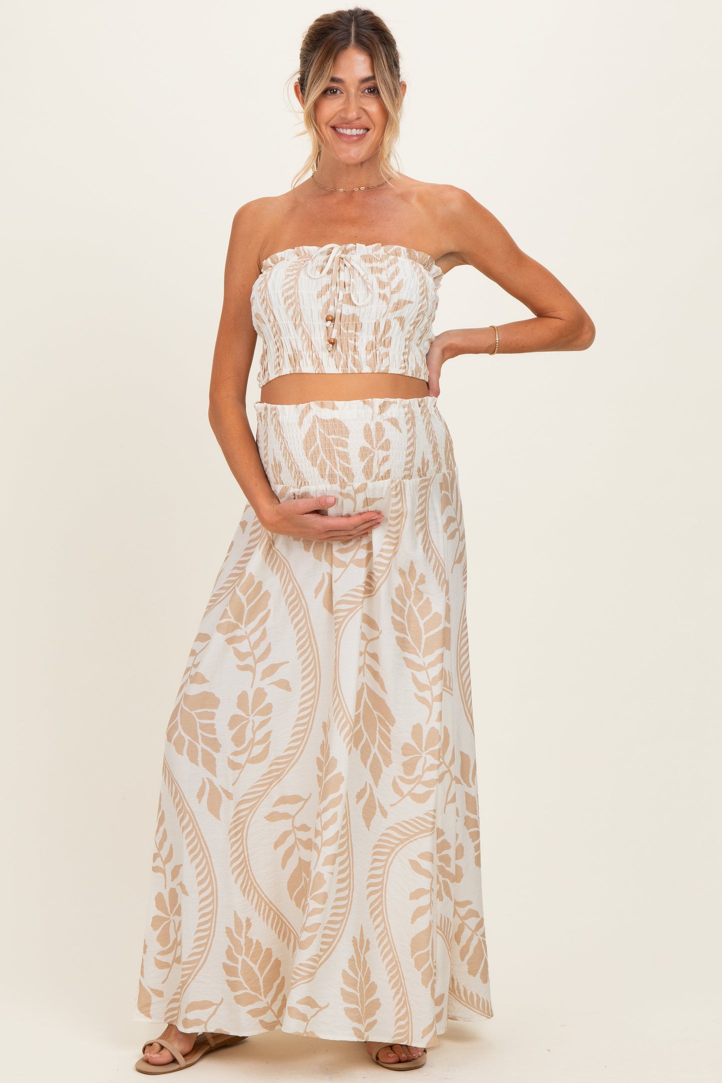 Beige Leaf Print Smocked Crop Top Maxi Skirt Maternity Set