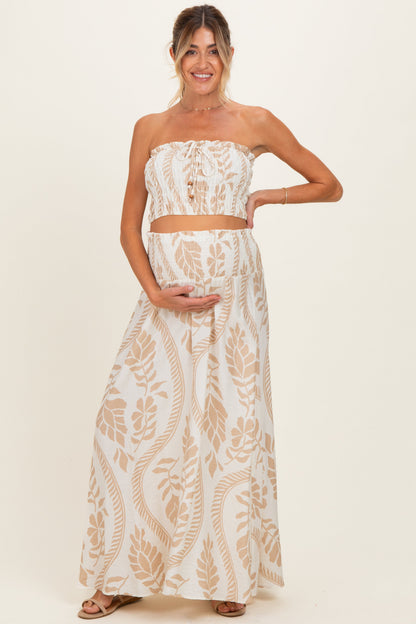 Beige Leaf Print Smocked Crop Top Maxi Skirt Maternity Set