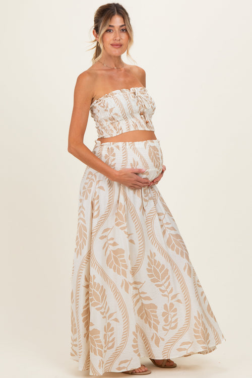 Beige Leaf Print Smocked Crop Top Maxi Skirt Maternity Set