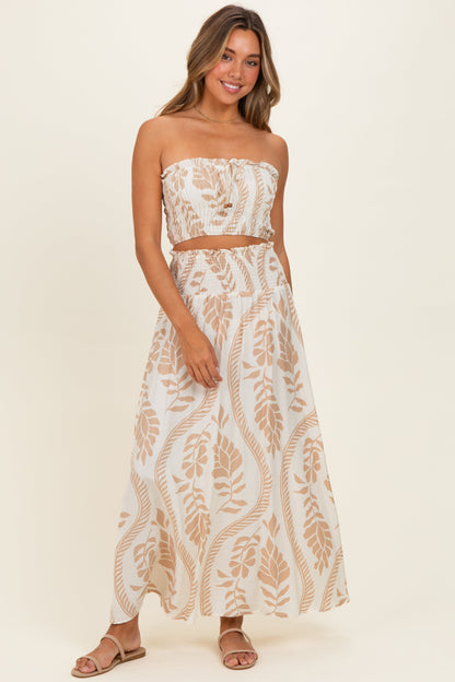 Beige Leaf Print Smocked Crop Top Maxi Skirt Maternity Set