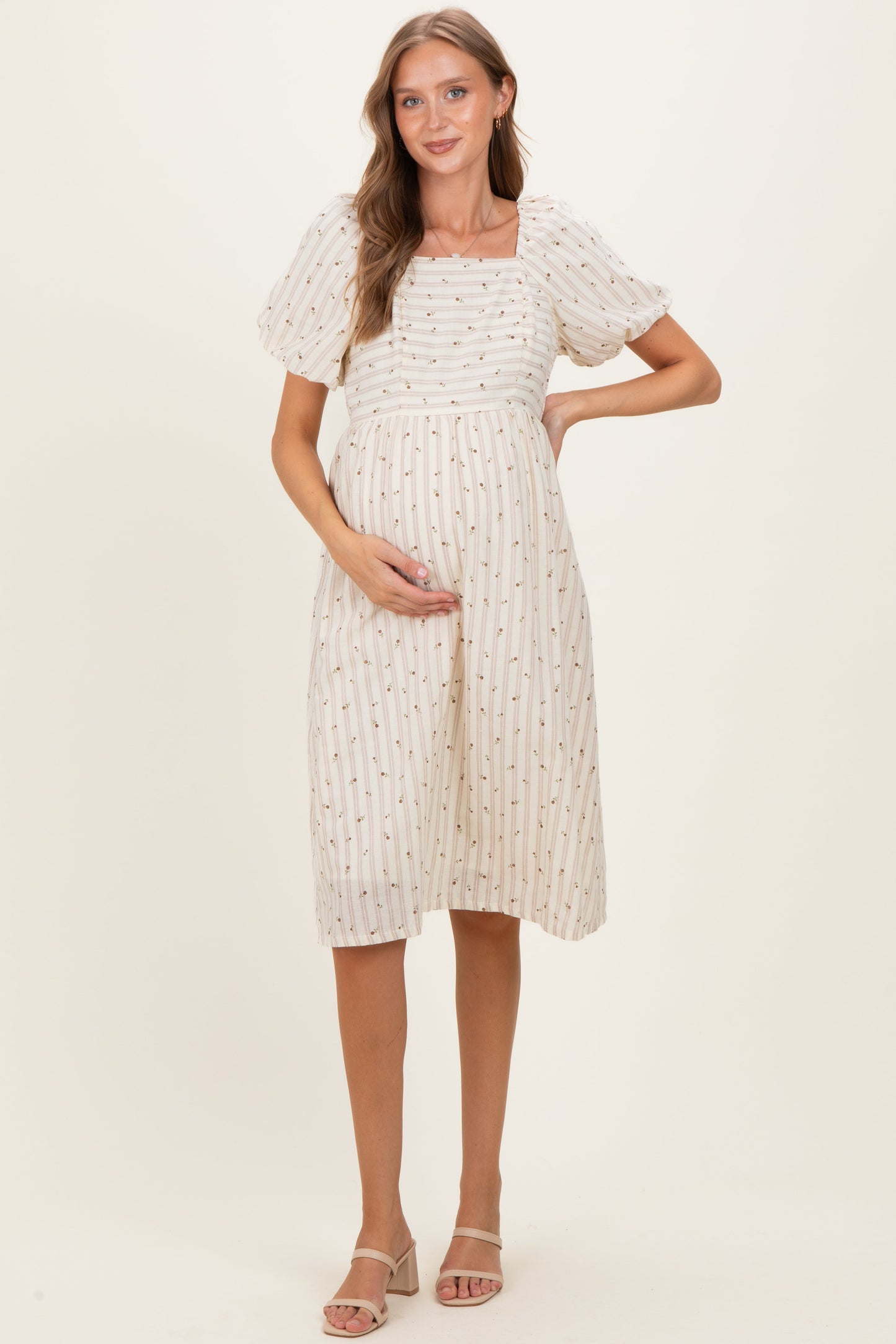 Beige Square Neck Striped Maternity Dress