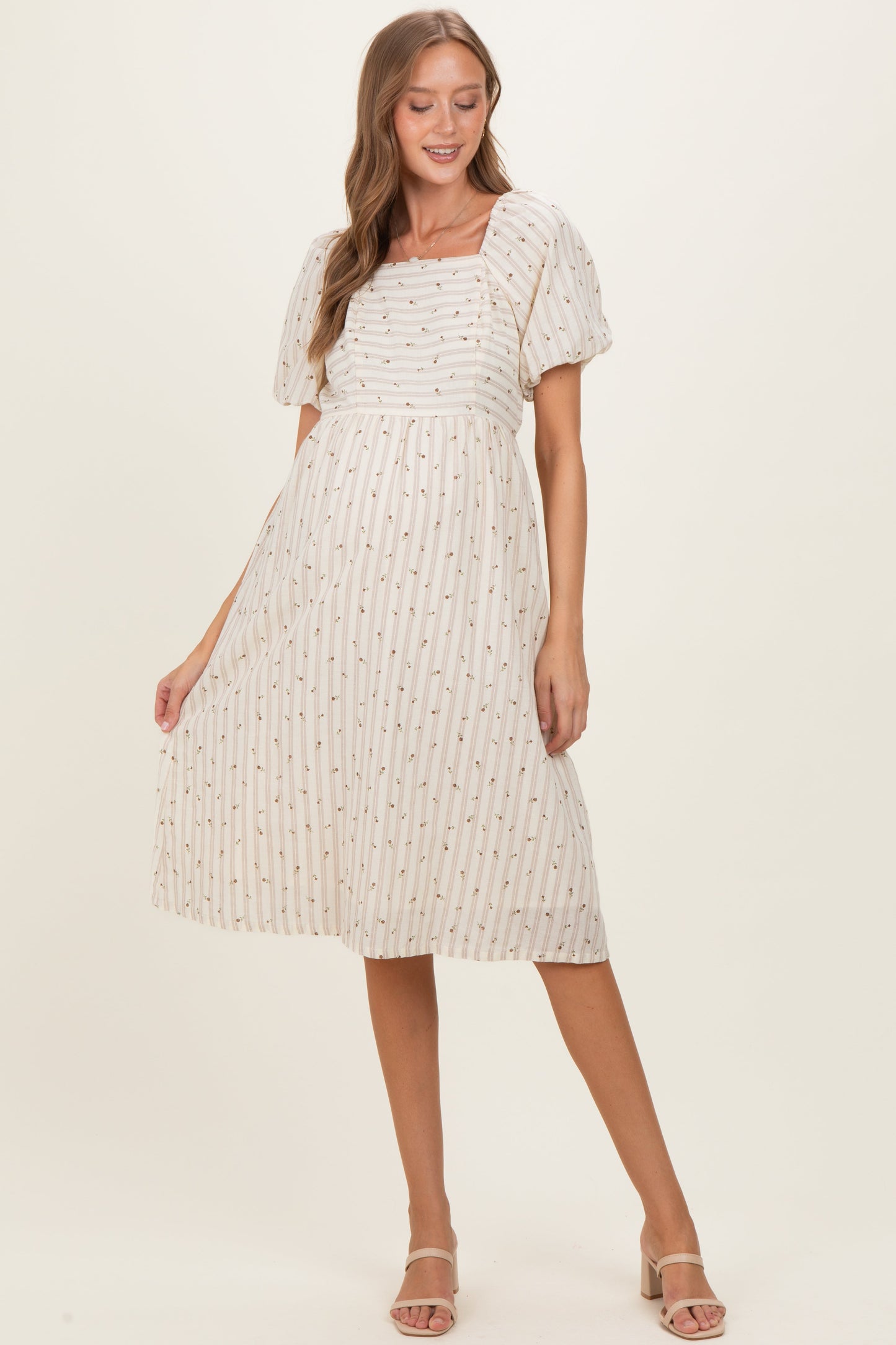 Beige Square Neck Striped Maternity Dress