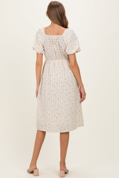 Beige Square Neck Striped Maternity Dress