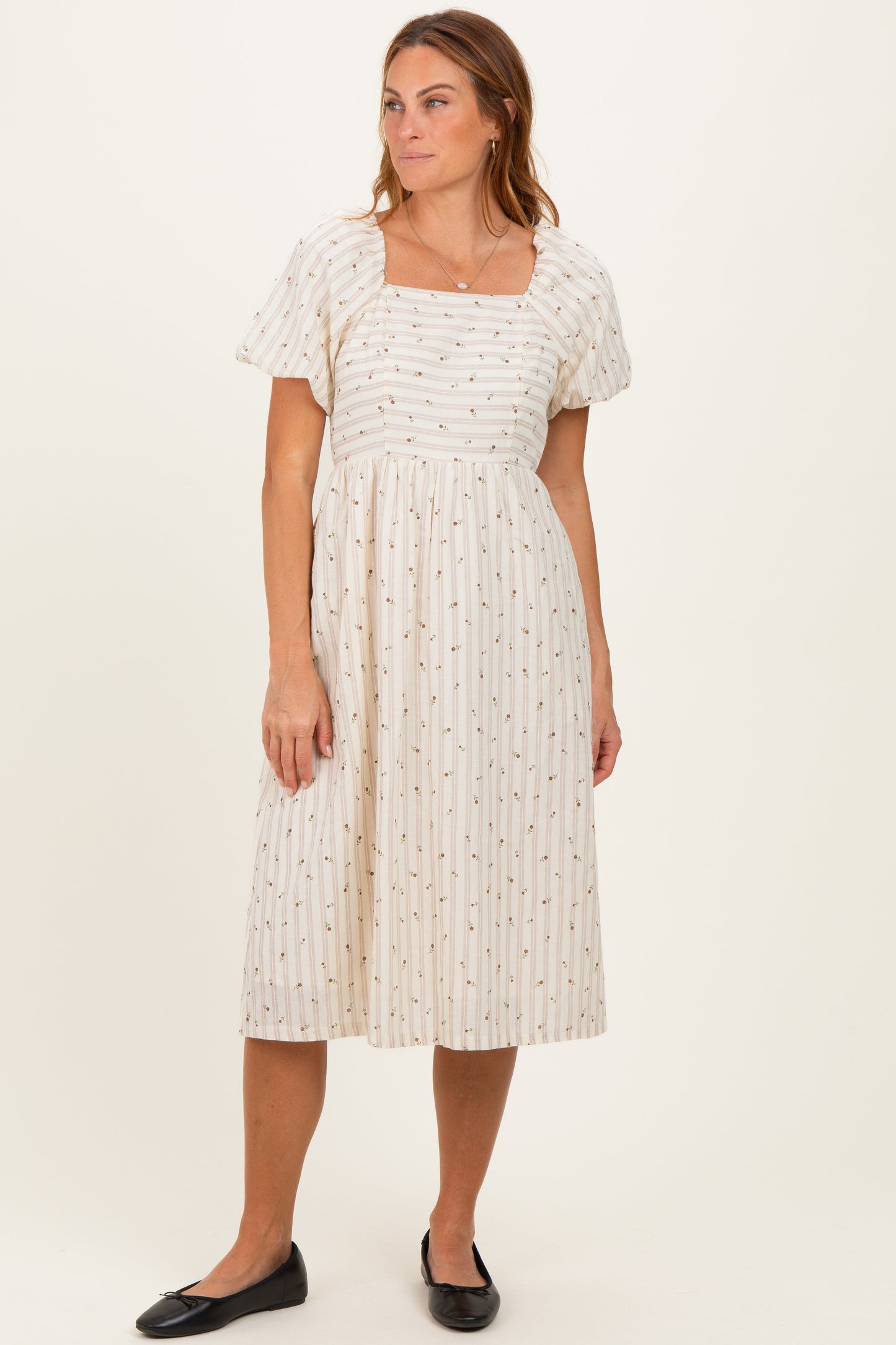 Beige Square Neck Striped Dress