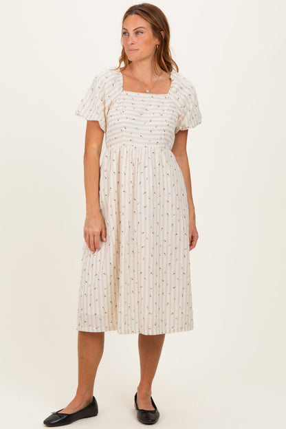 Beige Square Neck Striped Dress