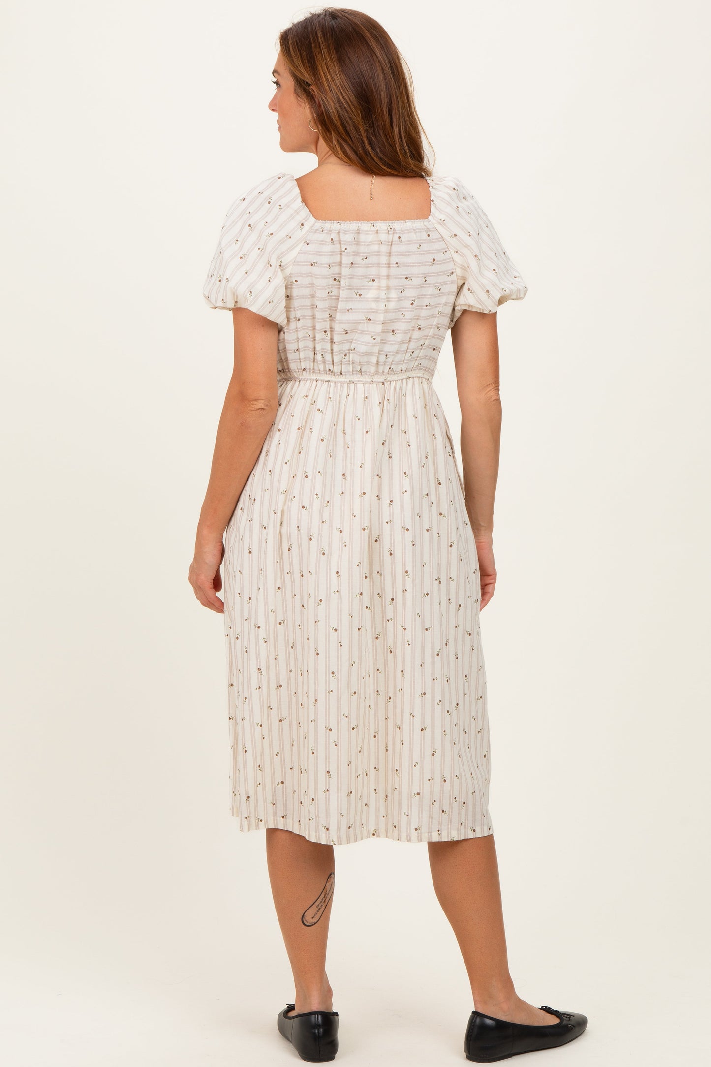Beige Square Neck Striped Dress