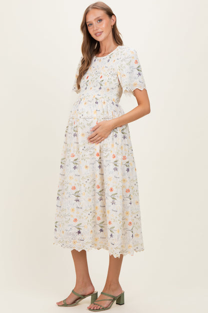 Beige Floral Button Down Collared Maternity Midi Dress