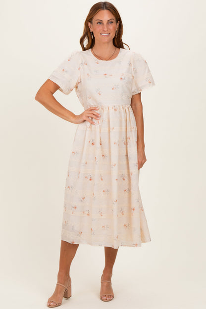 Beige Floral Embroidered Short Sleeve Midi Dress