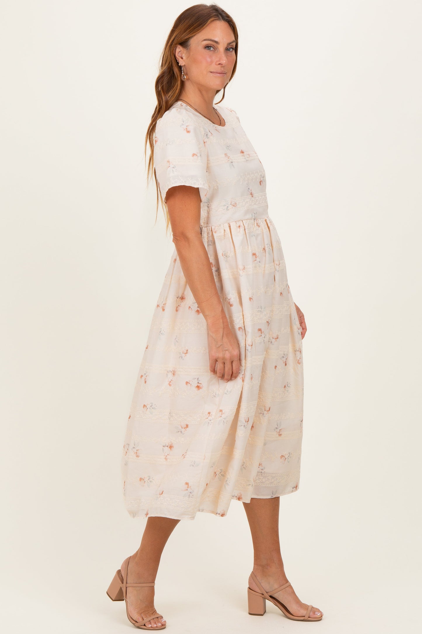 Beige Floral Embroidered Short Sleeve Midi Dress
