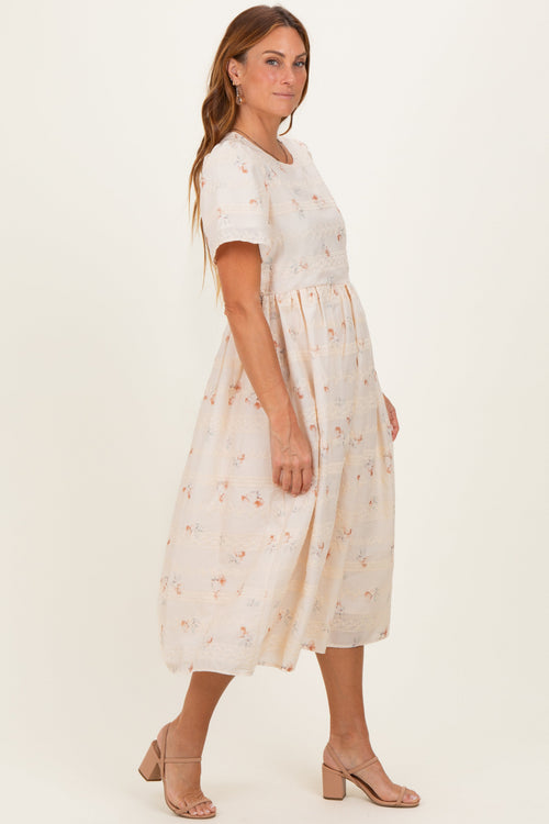 Beige Floral Embroidered Short Sleeve Midi Dress