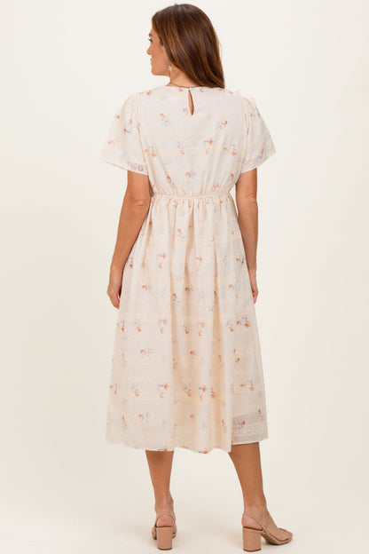Beige Floral Embroidered Short Sleeve Midi Dress