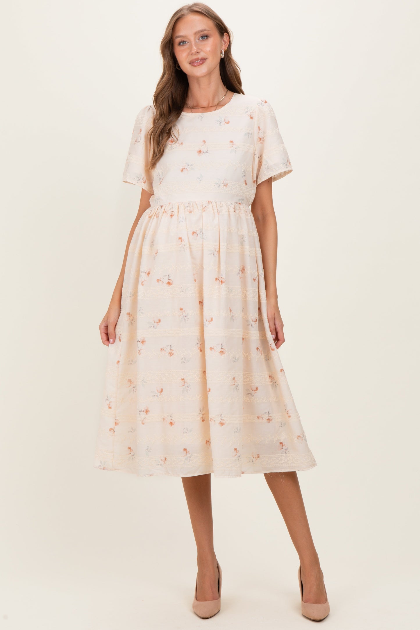 Beige Floral Embroidered Short Sleeve Maternity Midi Dress