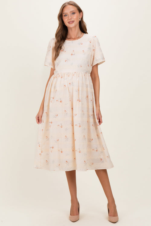 Beige Floral Embroidered Short Sleeve Maternity Midi Dress