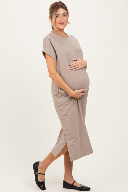 Beige Pocket Front Maternity Midi T-Shirt Dress