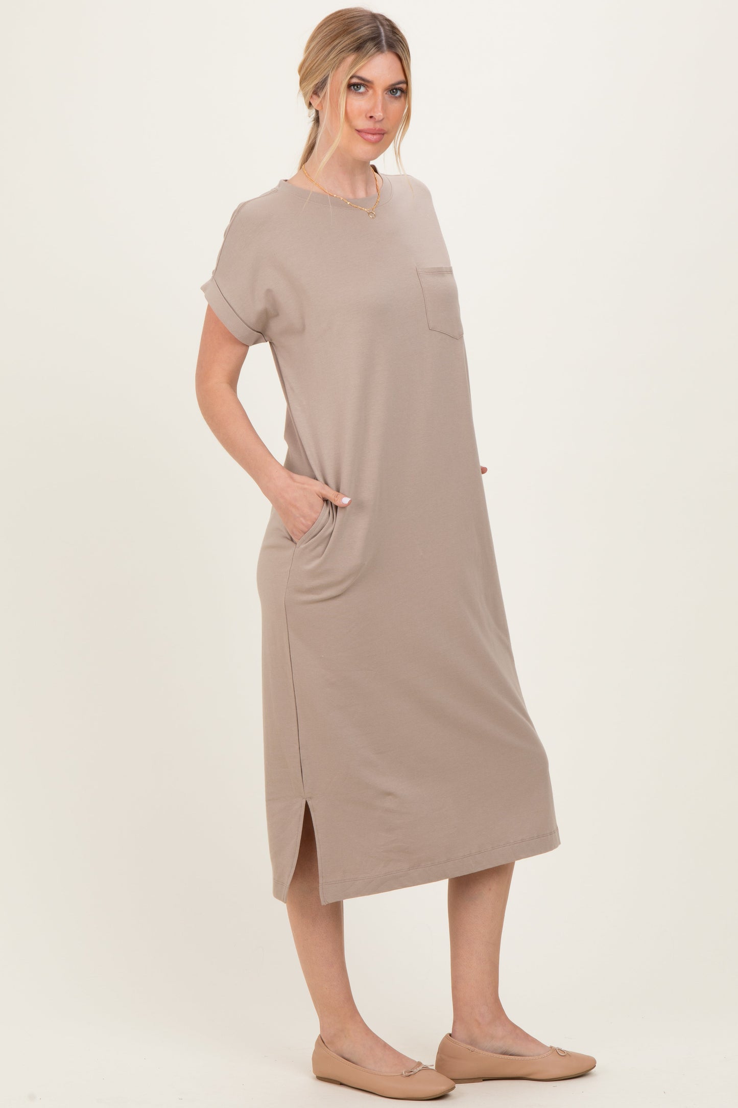 Beige Pocket Front Midi T-Shirt Dress