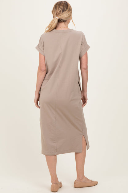 Beige Pocket Front Midi T-Shirt Dress