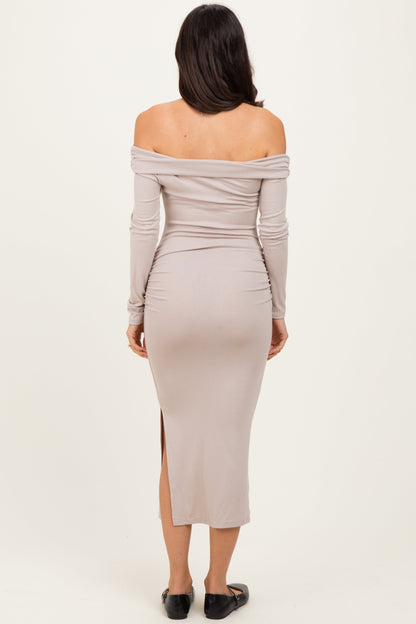 Beige Off Shoulder Ruched Side Slit Midi Dress