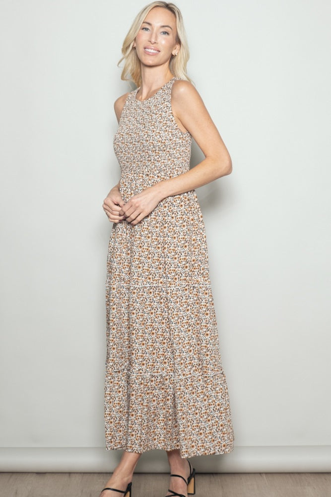 Beige Floral Smocked Sleeveless Tiered Maxi Dress