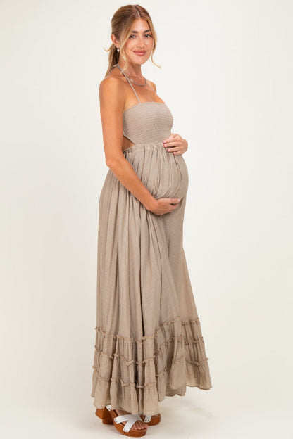 Beige Smocked Halter Open Back Maternity Maxi Dress