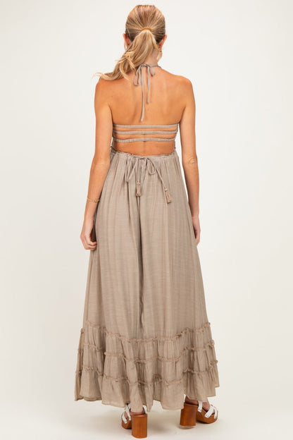Beige Smocked Halter Open Back Maternity Maxi Dress