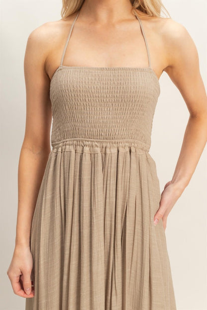Beige Smocked Halter Open Back Maxi Dress