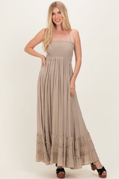 Beige Smocked Halter Open Back Maxi Dress