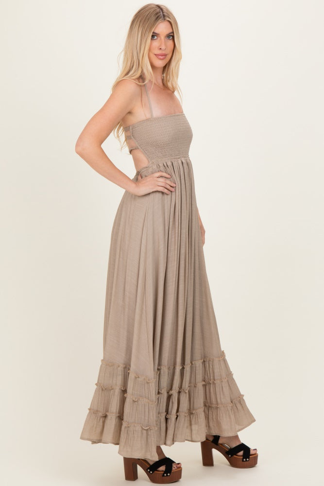 Beige Smocked Halter Open Back Maxi Dress