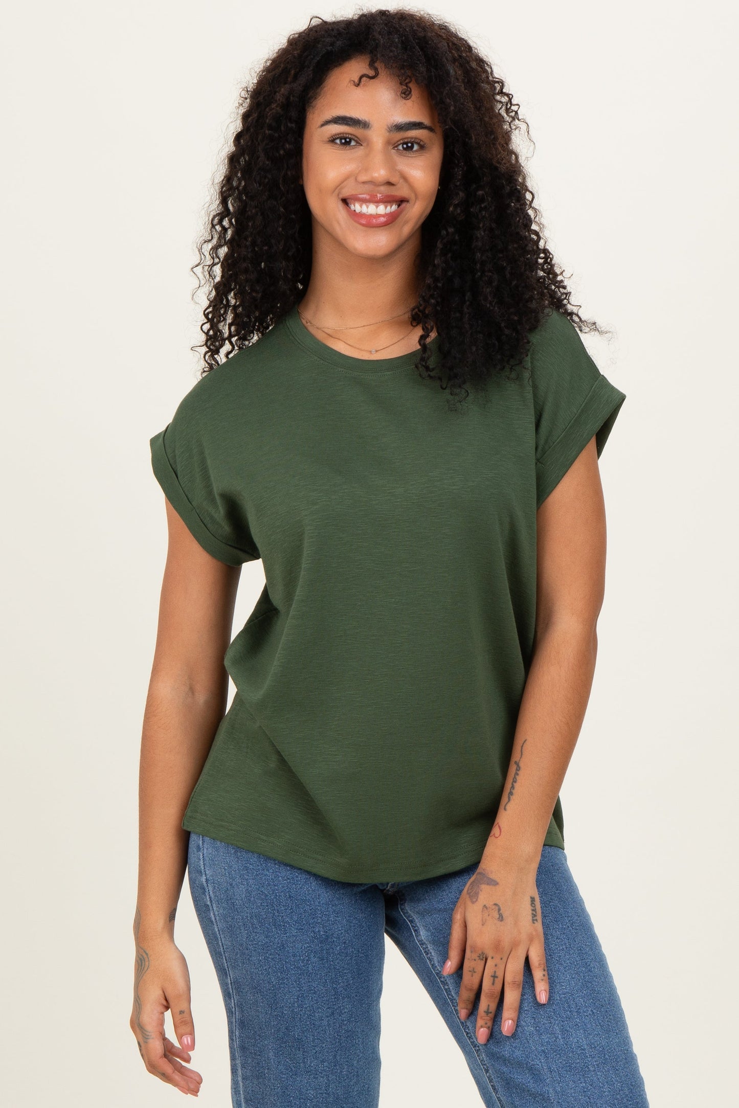 Army Green Rolled Short Sleeve Tee