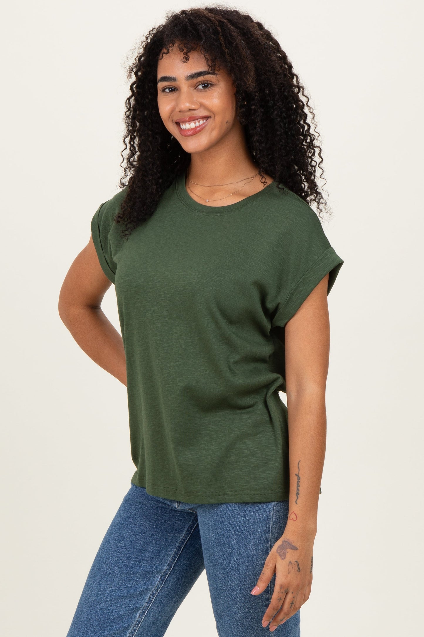 Army Green Rolled Short Sleeve Tee