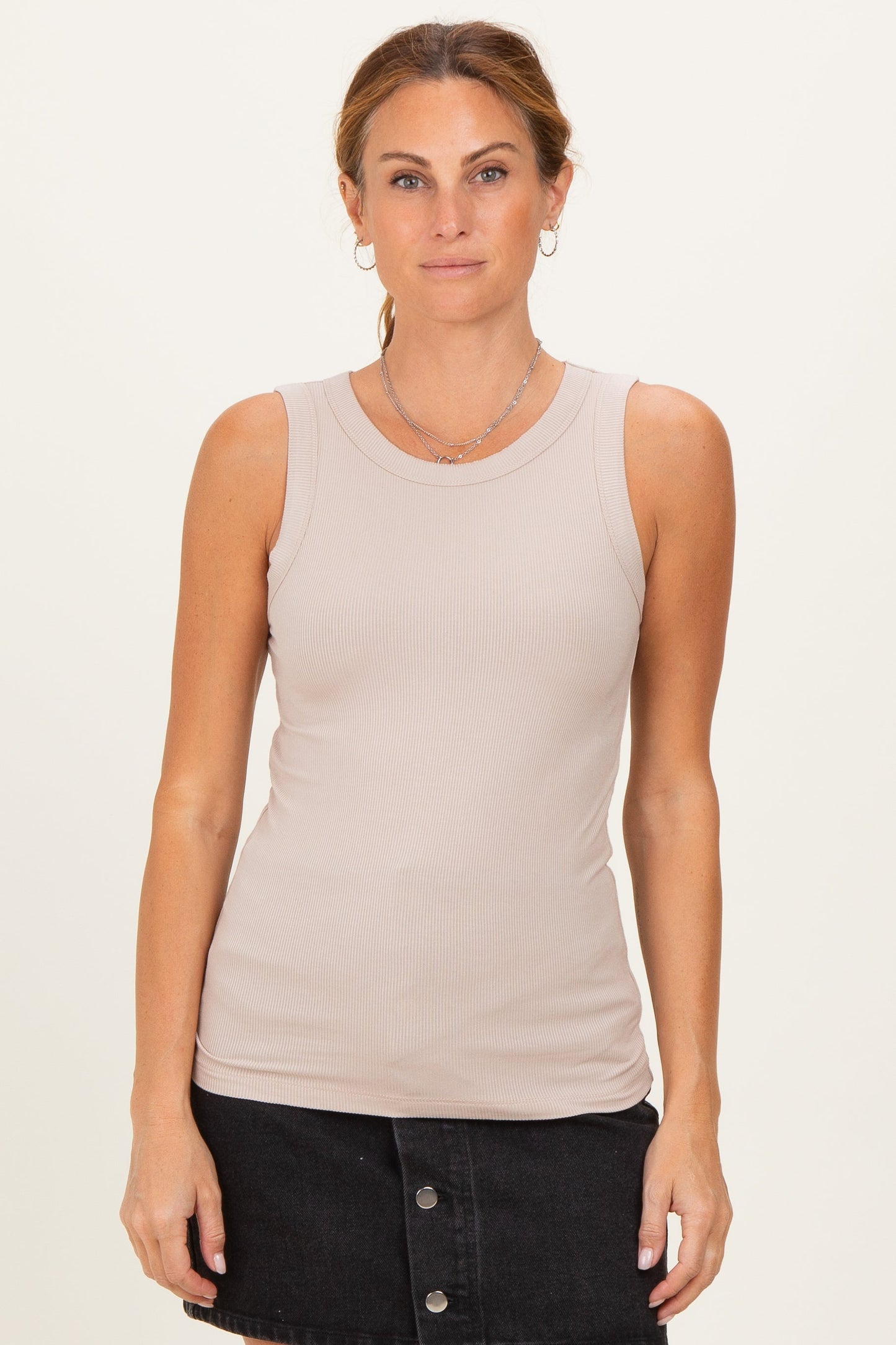 Beige Ribbed High Neck Maternity Tank Top