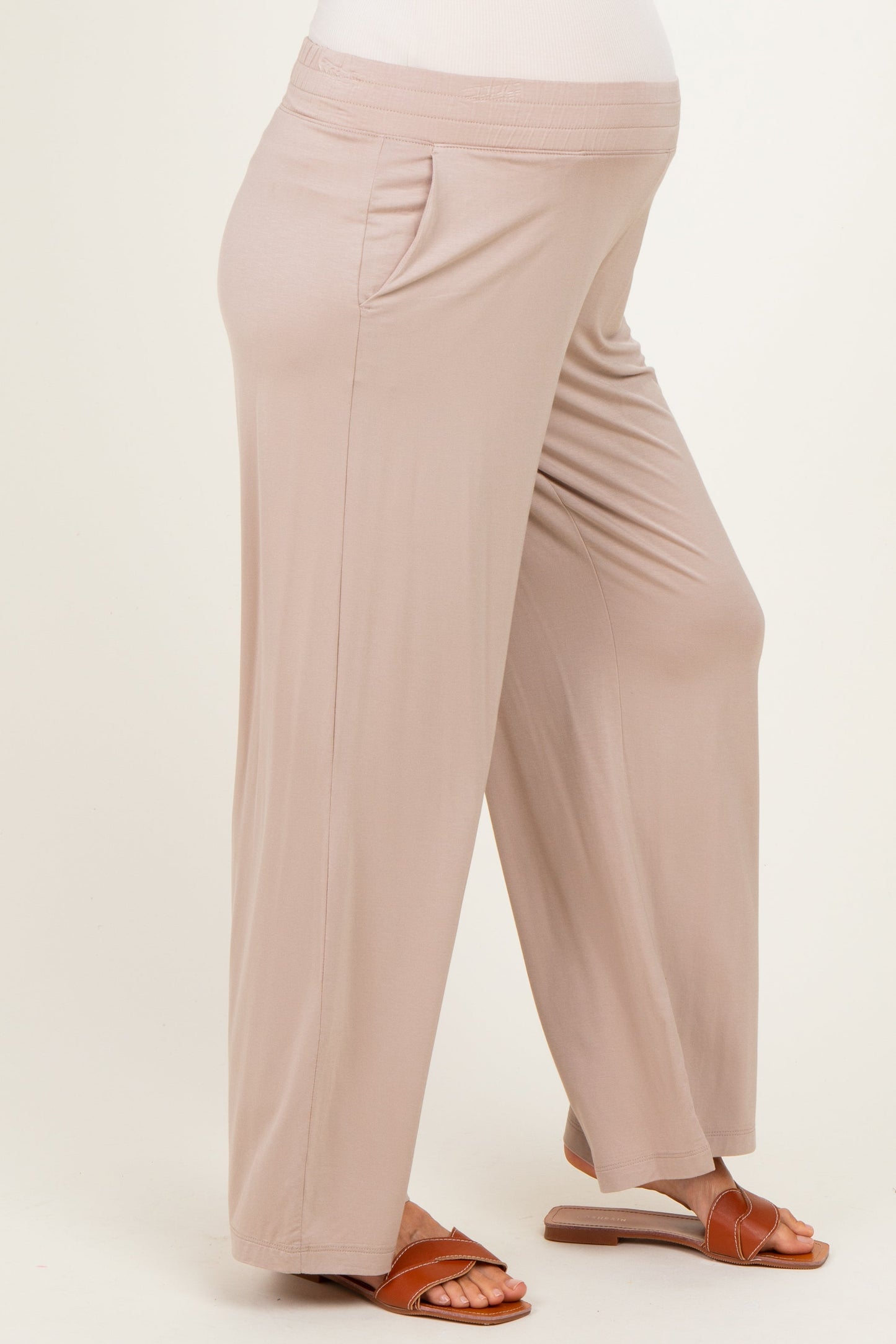 Beige Ankle Wide Leg Maternity Pants