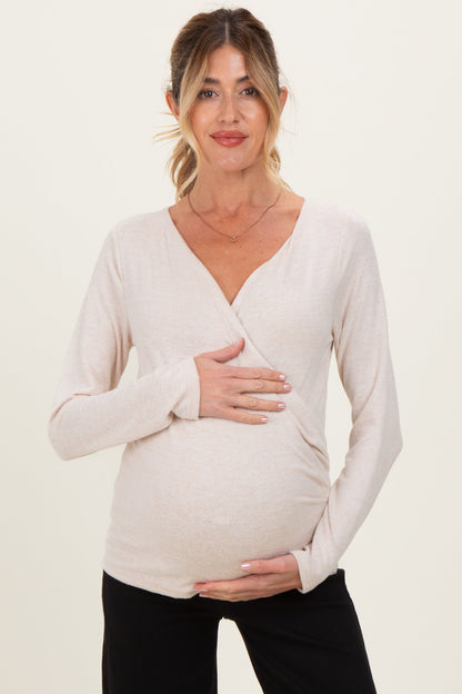 Beige Brushed Knit Wrap Front Maternity Top