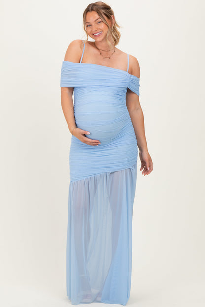 Baby Blue Ruched Mesh Off Shoulder Maternity Maxi Dress