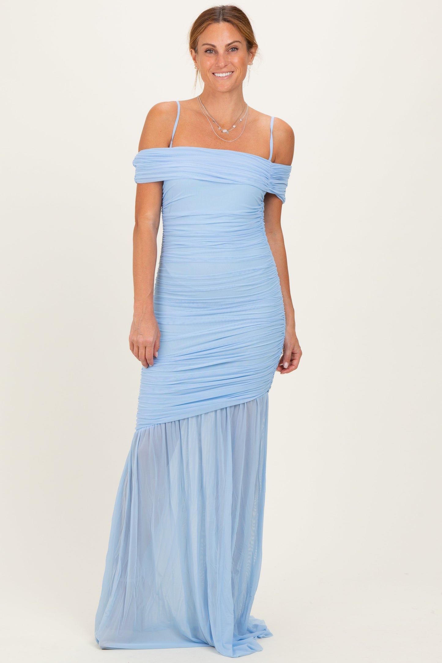 Baby Blue Ruched Mesh Off Shoulder Maternity Maxi Dress