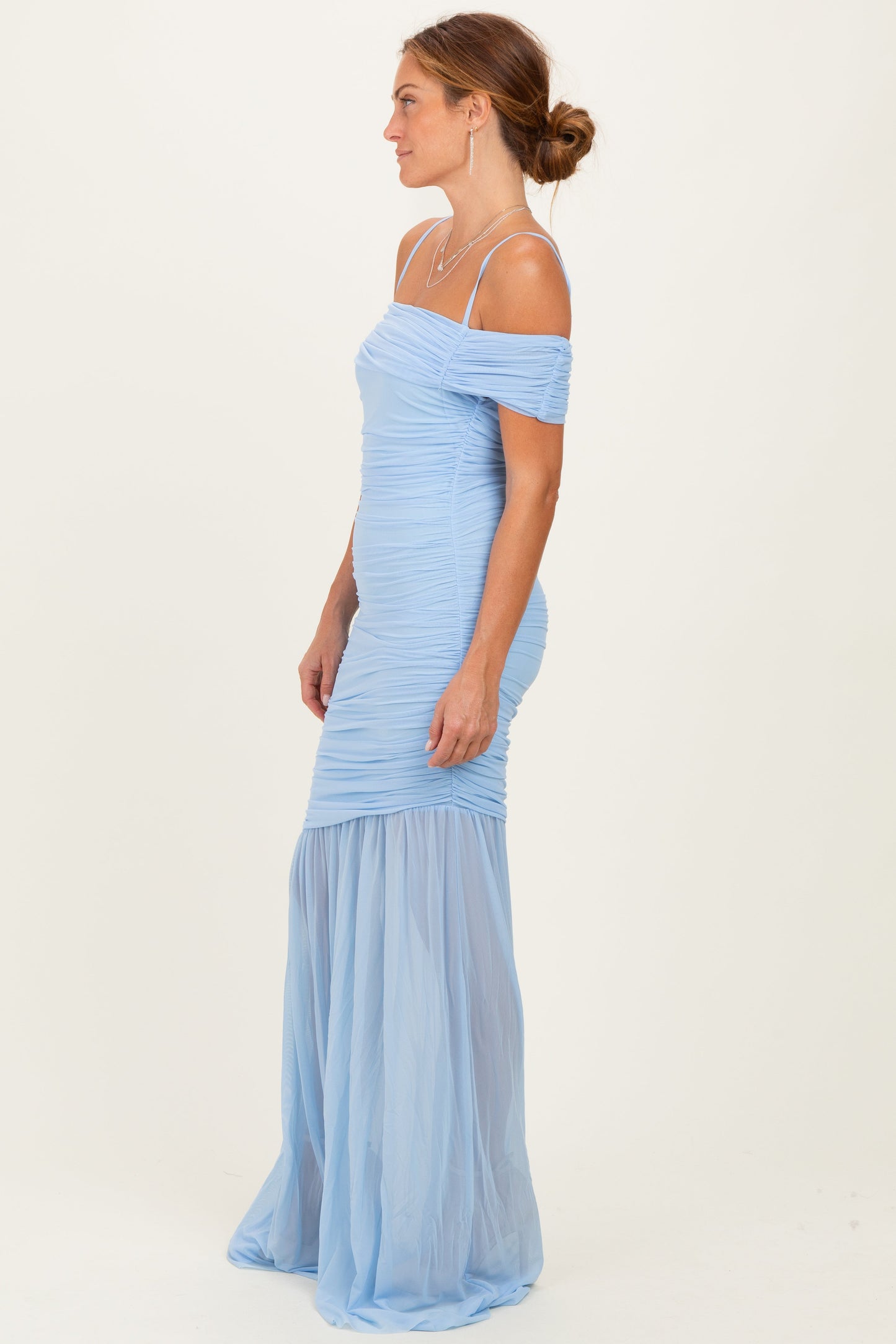 Baby Blue Ruched Mesh Off Shoulder Maxi Dress