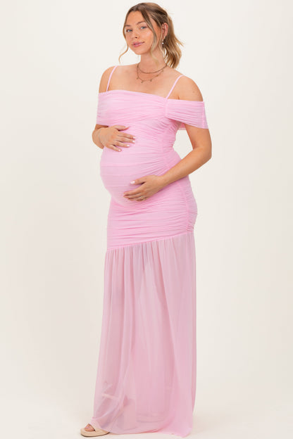 Baby Pink Ruched Mesh Off Shoulder Maternity Maxi Dress