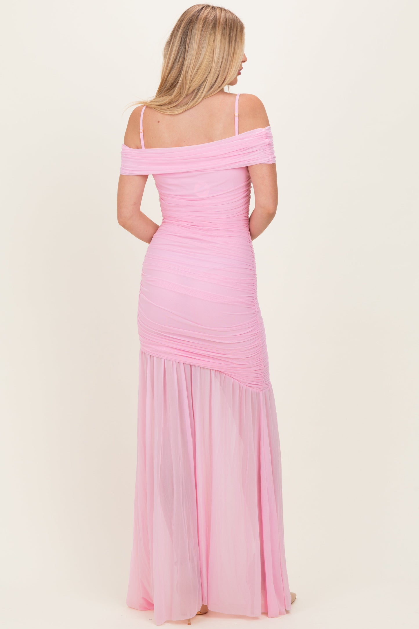 Baby Pink Ruched Mesh Off Shoulder Maxi Dress