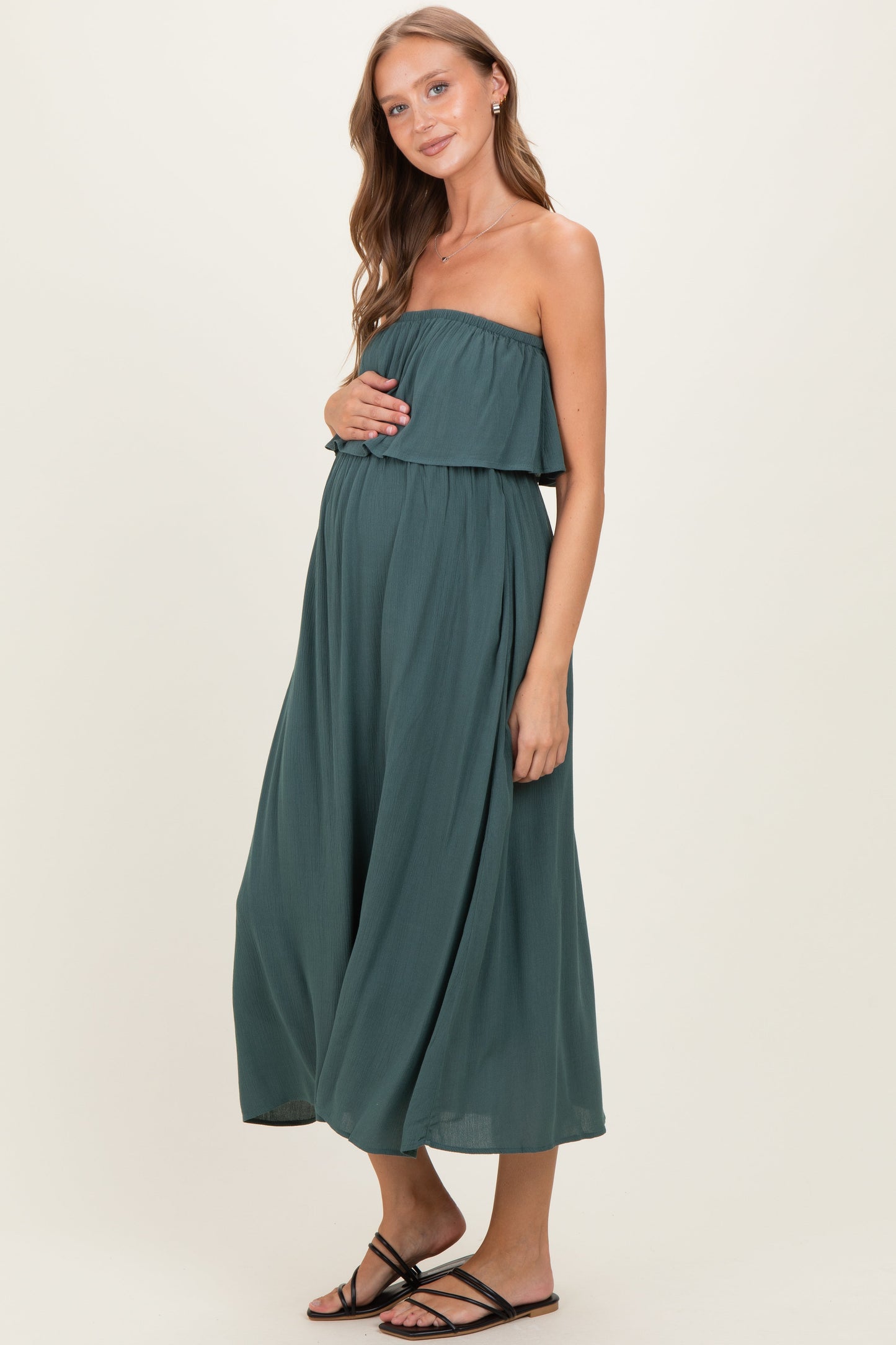 Ash Jade Woven Crinkle Flounce Strapless Maternity Maxi Dress