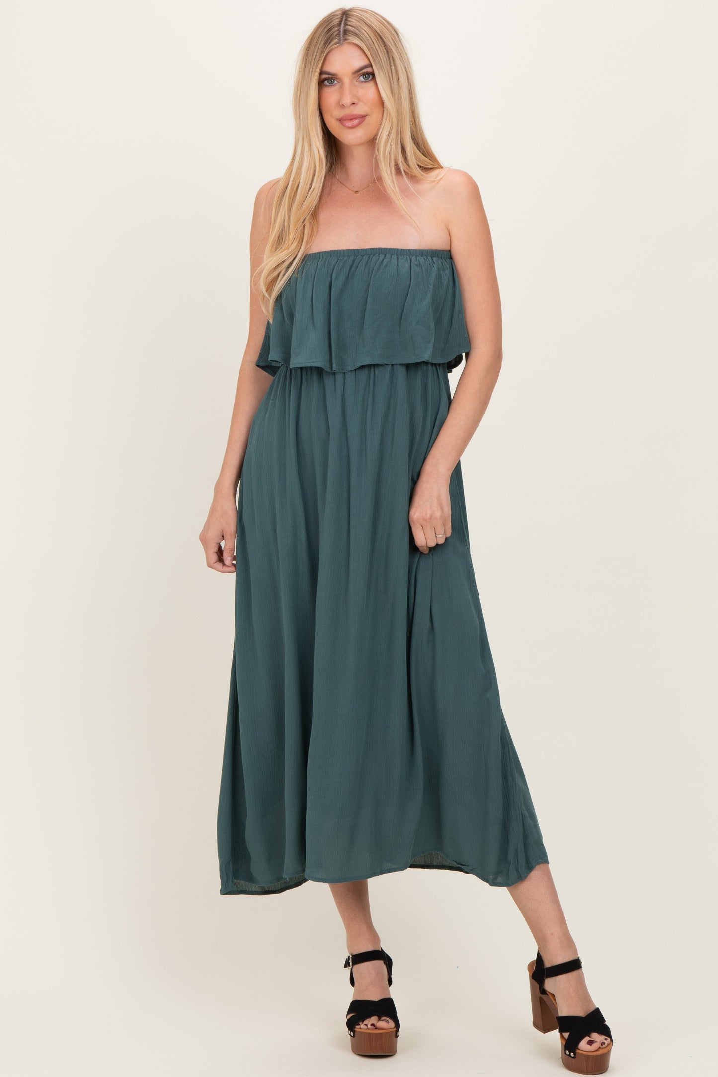 Ash Jade Woven Crinkle Flounce Strapless Maternity Maxi Dress